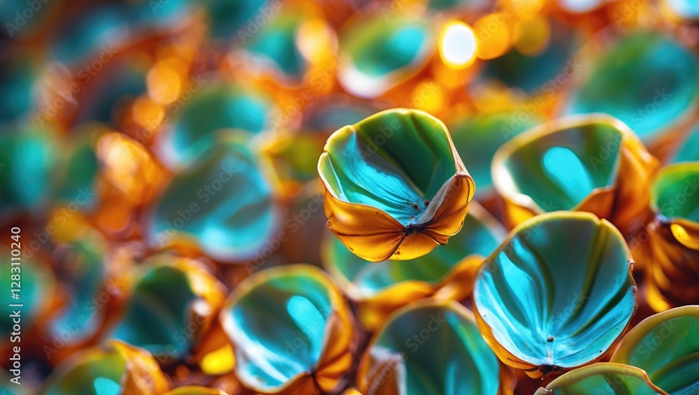Poster vibrant close-up of defocused palm oil shells with bright colors and abstract patterns in a dynamic 