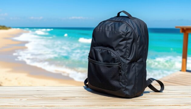 A photorealistic of a sporty a functional, black nylon backpack - mockup for text or logo, with a mesh pocket. The backpack are positioned on a wooden dock overlooking a clear blue ocean, with waves c