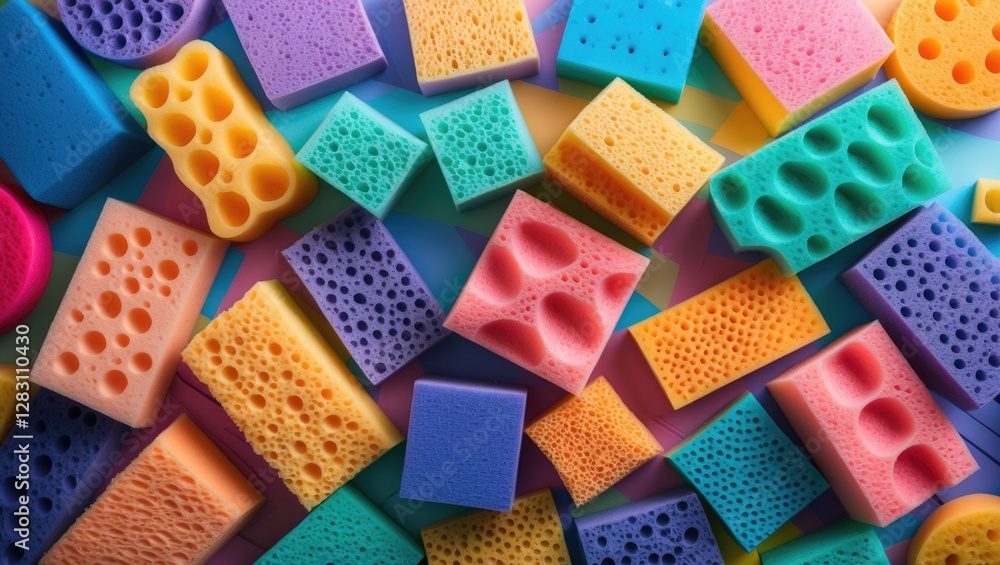 Aufkleber vibrant collection of colorful sponge pads arranged aesthetically on a smooth abstract background sh