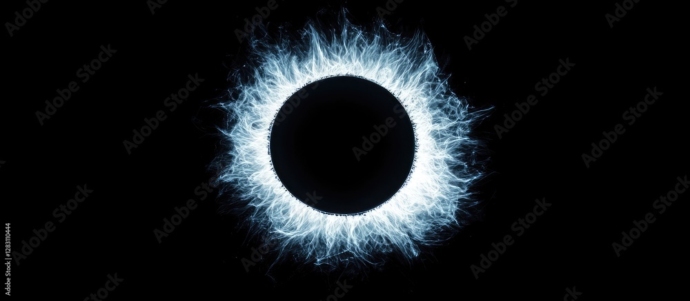 Poster abstract glowing blue sun flare encircled by wisps on a solid black background creating a dynamic co