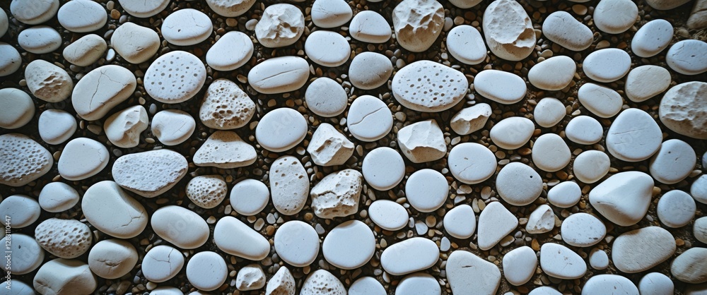 Poster white pebble stones arranged on a flat surface creating a textured background in varying sizes and s