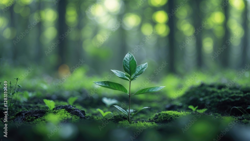 Poster single green plant emerging from the forest floor surrounded by soft moss and blurred trees in the b