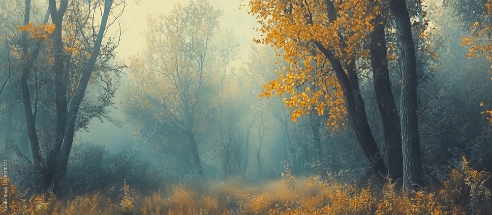 Poster Misty autumn forest with vibrant yellow leaves on trees, serene foggy atmosphere creating a mystical scene in a wide panoramic view