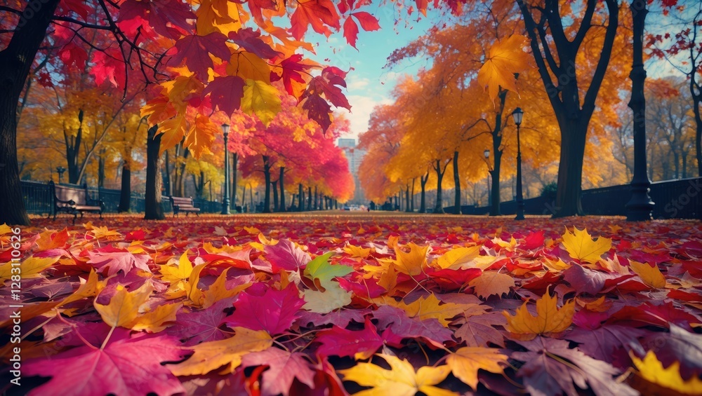 Aufkleber vibrant fall foliage creating a picturesque scene in a park with a carpet of colorful leaves on the 
