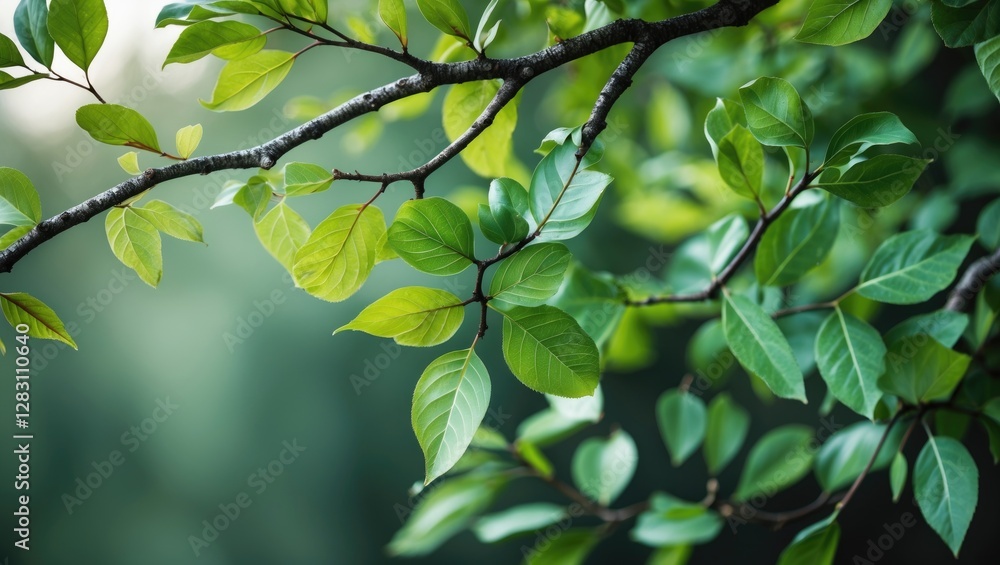 Poster green leaves on a branch with a soft blurred background emphasizing natural foliage in daylight.