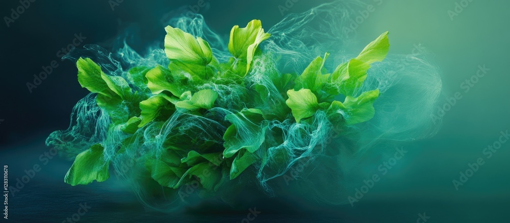 Fototapete Vibrant green abstract smoke swirls against a dark background creating a striking visual contrast with bold, dynamic shapes and textures.