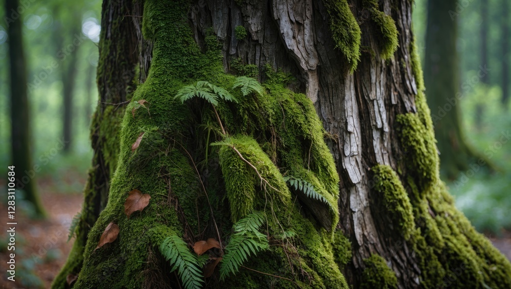 Poster moss-covered tree trunk with lush green ferns creating a serene forest atmosphere and showcasing nat