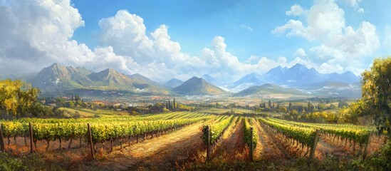 Fototapeta premium Vibrant vineyard rows in green under a bright blue sky with fluffy white clouds and majestic mountains in the distance create a picturesque landscape
