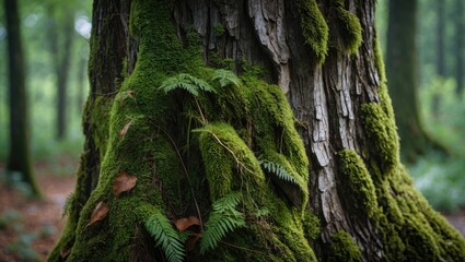 Moss-covered tree trunk with lush green ferns creating a serene forest atmosphere and showcasing nature's intricate textures.