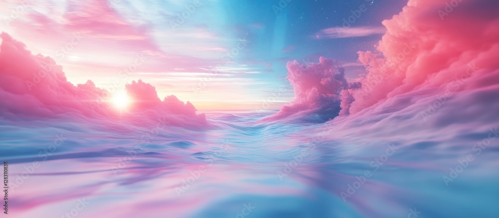 Poster Abstract backdrop with distorted pink and blue clouds blending into a blurred horizon at sunset, creating a dreamy visual experience.
