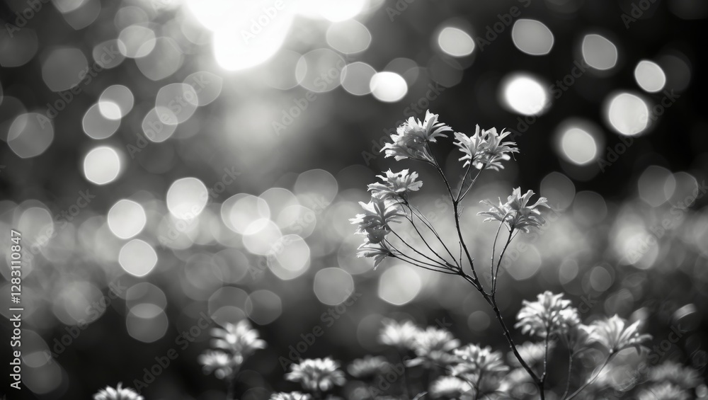 Poster black and white image of delicate wildflowers with bokeh effect in the background creating a soft fo