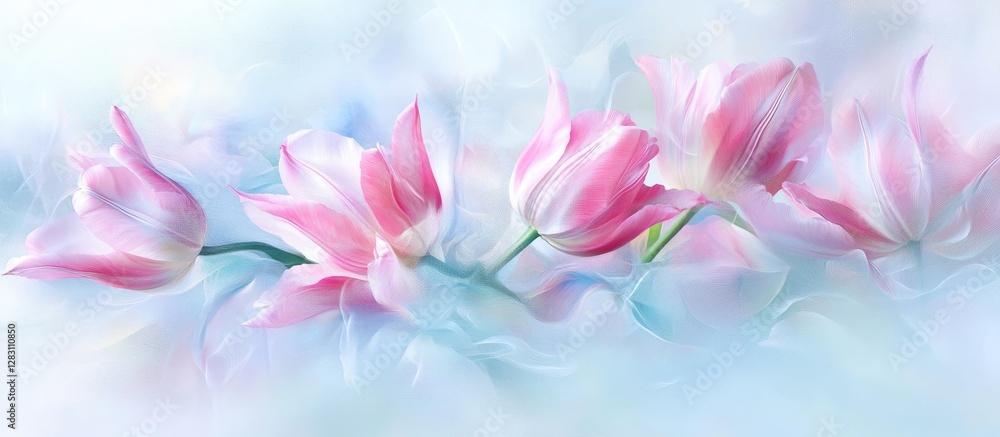 Poster delicate pink and white tulips gracefully arranged on a soft blue background, creating a serene and 