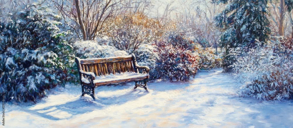 Poster serene winter garden featuring a snow-covered park bench surrounded by colorful shrubs with a soft b