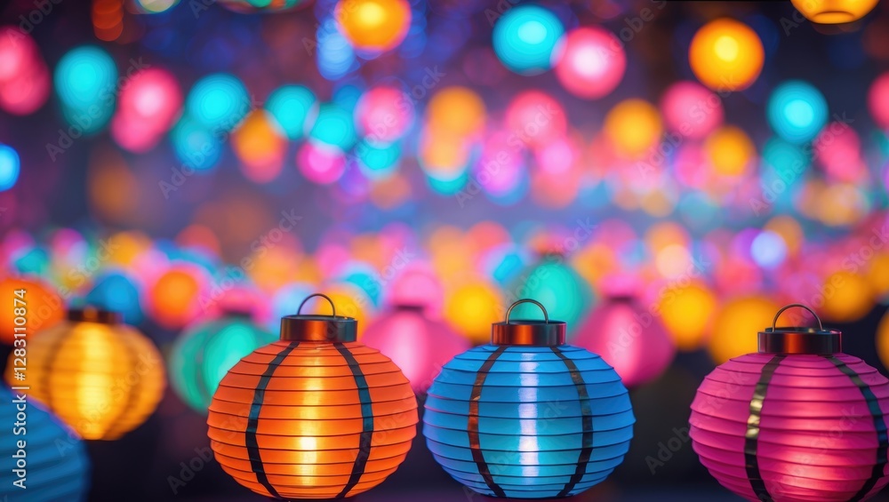 Poster colorful lanterns creating a vibrant bokeh effect with blurred multi-colored lights for festive back