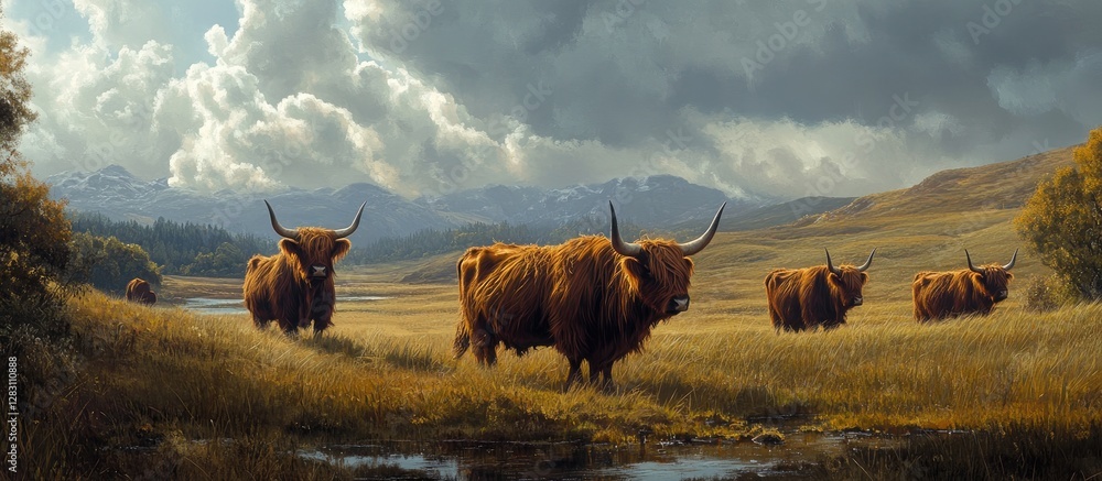 Aufkleber highland cattle grazing in a lush green field under a dramatic cloudy sky with mountains in the back