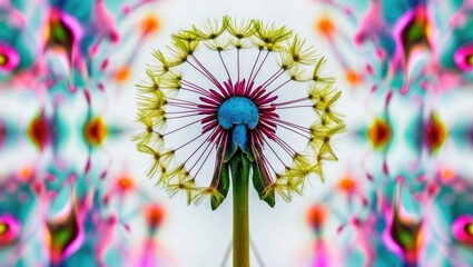 Dandelion seeds with intricate symmetry showcasing vibrant colors against a white backdrop highlighting natural beauty and the Fibonacci sequence.