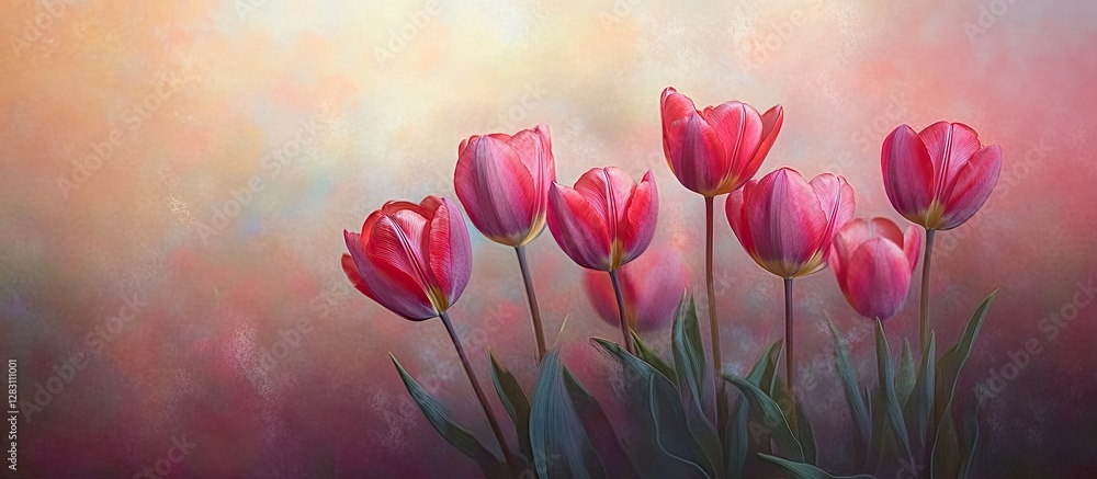 Poster Vibrant pink tulips arranged elegantly in the foreground against a soft-focus multicolored bokeh background creating a tranquil floral display