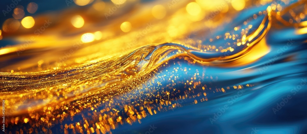 Poster liquid gold swirls create shimmering wave patterns over a bright blue background adorned with vibran