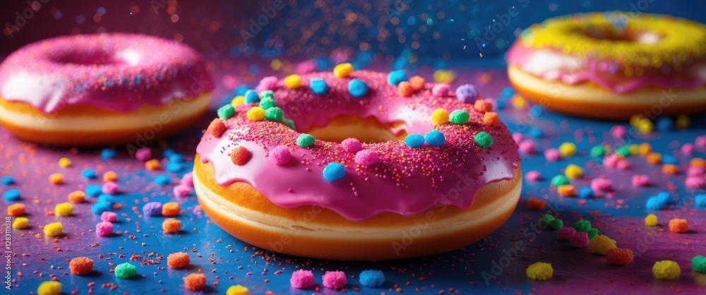 Poster colorful frosted donuts with vibrant sprinkles on a colorful surface creating a fun and festive dess