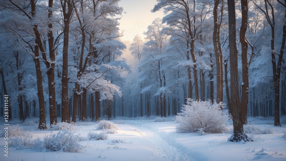 Poster snow-covered forest path with tall trees in winter landscape at dawn light with soft shadows and fro