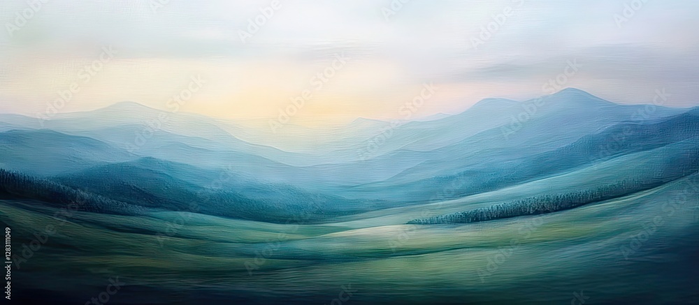 Aufkleber serene dawn over soft-focus summer mountains with gentle blue and green hues creating a peaceful lan