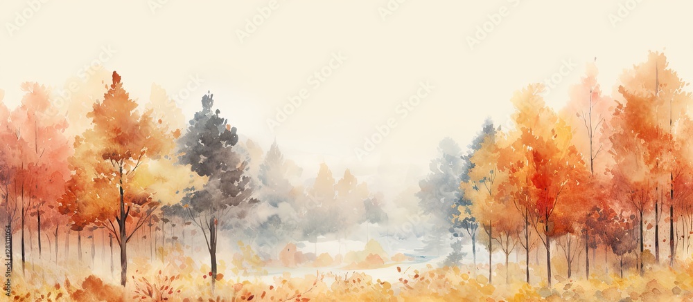 Poster vibrant autumn landscape featuring orange and golden trees on both sides, soft mist in the backgroun
