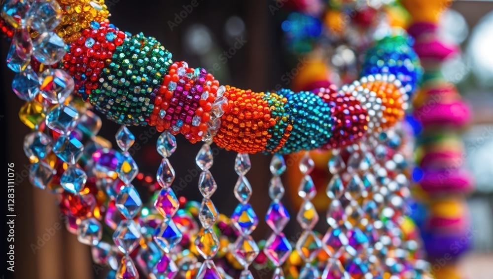 Poster colorful beads and decorative crystals arranged in a vibrant pattern displaying various textures and