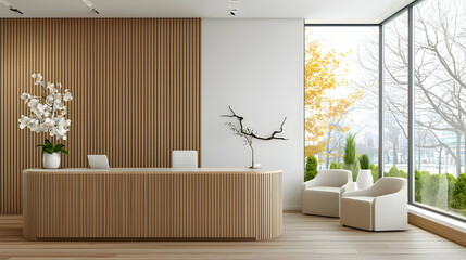 Modern Reception Area with Wooden Desk and Large Window Overlooking Outdoor Trees