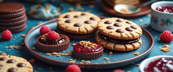 Assorted cookies with chocolate chips, jam-filled biscuits and fresh raspberries on a blue background for a delightful dessert presentation.
