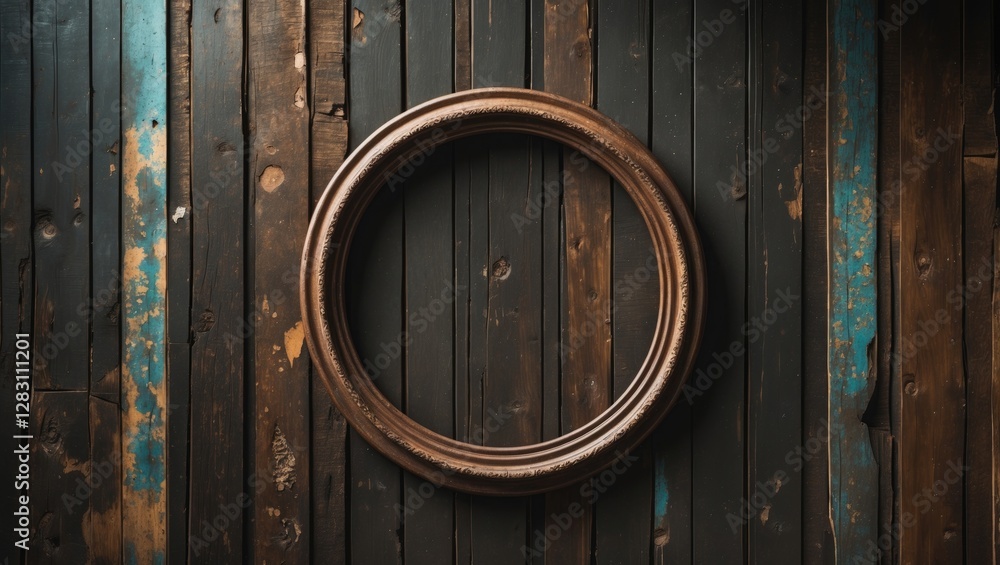 Poster aged dark brown wooden background with distressed texture featuring an ornate round frame creating a