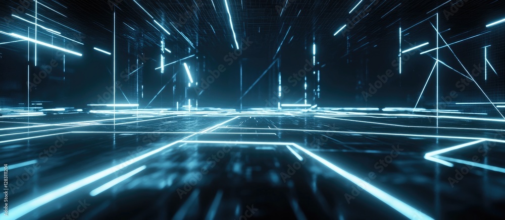Aufkleber futuristic cityscape with vibrant glowing blue lines intersecting a dark background, creating an inn