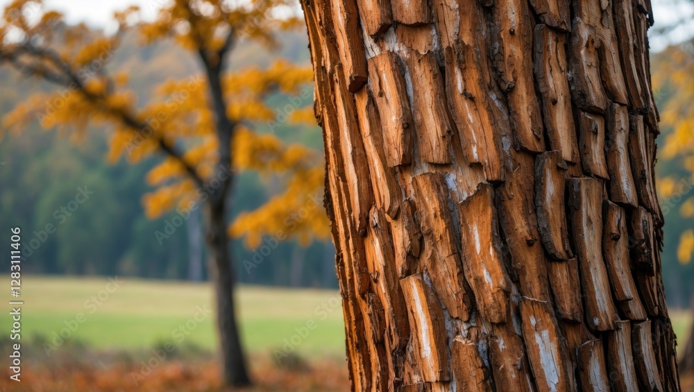 Poster close-up of textured tree bark with autumn foliage in background depicting natural landscape with bl