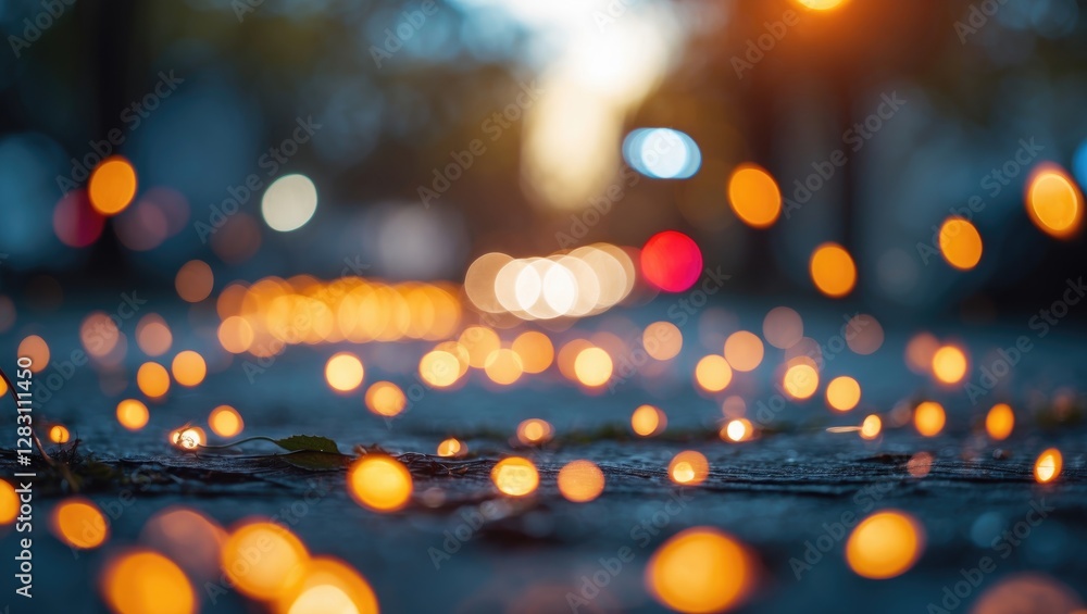 Poster softly illuminated bokeh lights create an enchanting ambiance on a city street through a blurred len