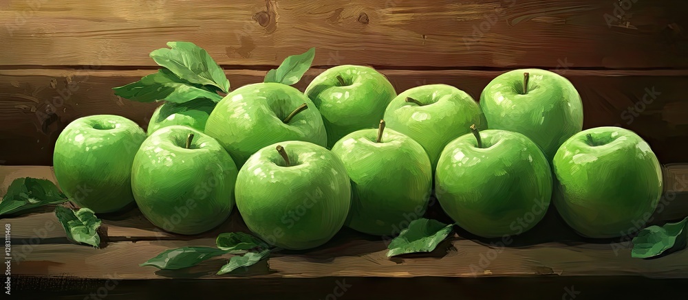 Poster fresh green apples with dewy skin arranged centrally on a rustic wooden surface, surrounded by green