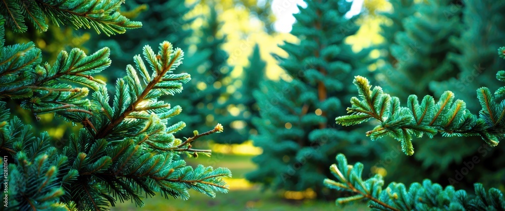 Poster close-up view of evergreen coniferous trees in a lush forest during daylight with a blurred backgrou