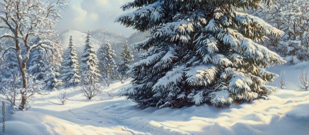 Poster snow-covered fir tree surrounded by snowy hills and soft clouds in a tranquil winter landscape, capt