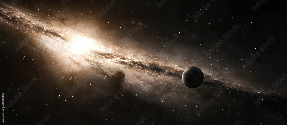 Poster cosmic scene featuring swirling galaxies and a central bright star with warm hues of gold and deep b
