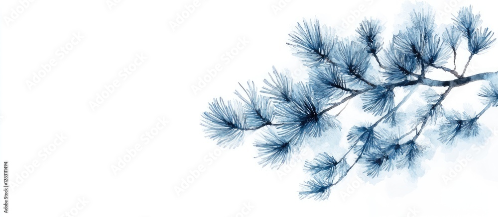 Poster elegant blue spruce branch delicately placed on the right side of a soft white background capturing 