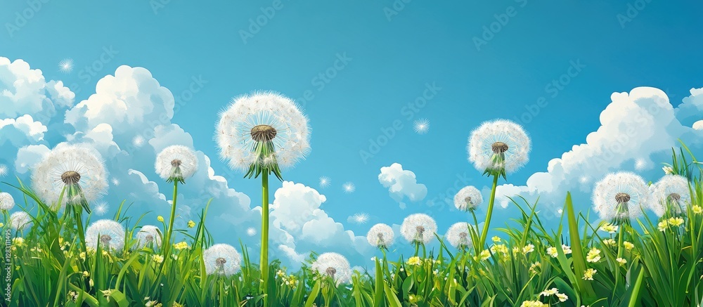 Poster lush green spring meadow filled with white dandelions under a bright blue sky adorned with fluffy cl