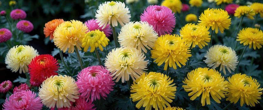 Vibrant colorful Chrysanthemums in full bloom showcasing bright yellow, pink, and red pompons in a lush garden setting.