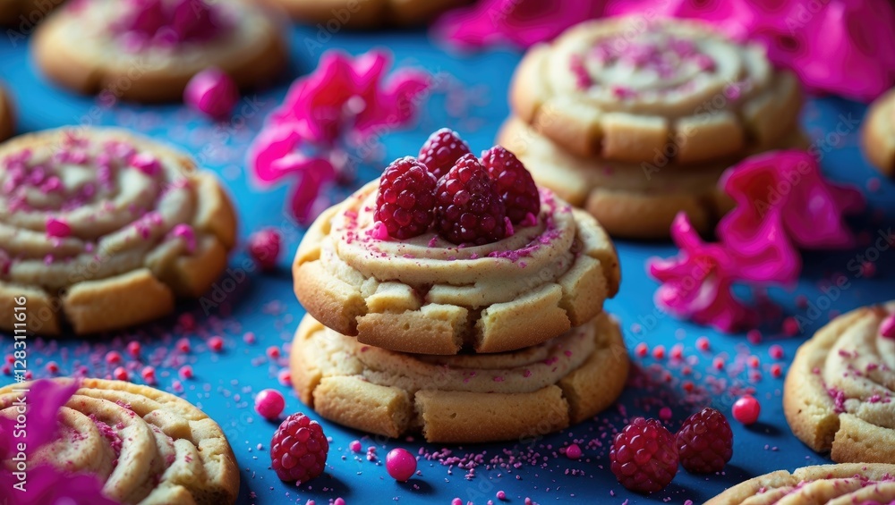 Poster decorative cookies with raspberry topping and colorful sprinkles on blue background arranged in a fe