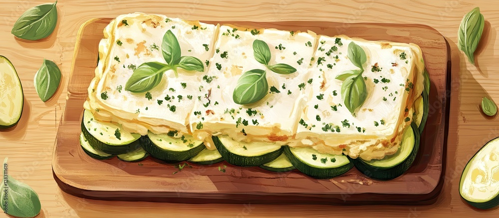Poster rustic vegetarian lasagna with zucchini and mozzarella displayed from above on a wooden board with f