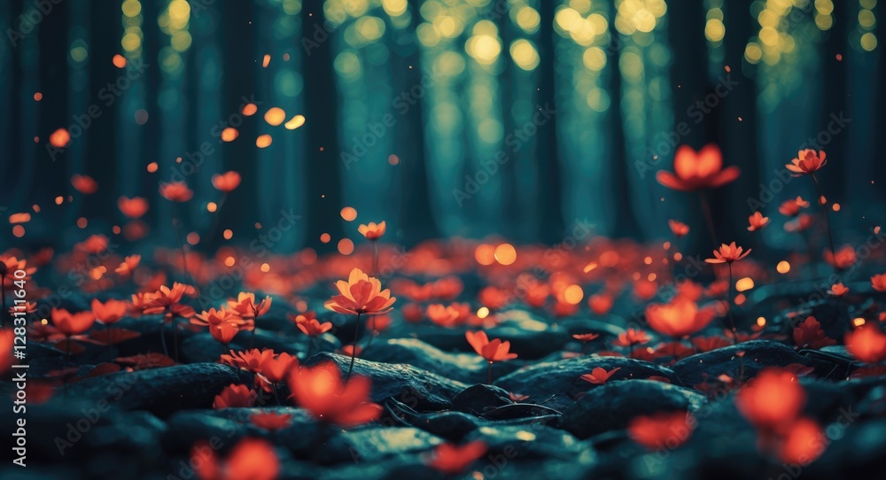 Poster vibrant forest floor adorned with bright flowers and soft bokeh creating an enchanting nature backgr