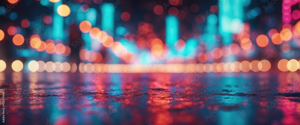 Poster vibrant defocused lights reflecting on wet pavement creating a colorful abstract background for crea