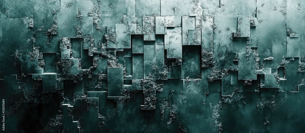 Aufkleber textured digital decay featuring shades of teal and gray, with fragmented pixel patterns arranged ho