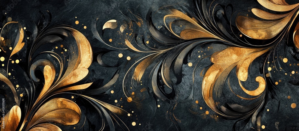 Fototapete Elegant abstract watercolor backdrop in black and gold hues showcasing intricate swirling patterns enhanced by shimmering highlights and deep shadows.