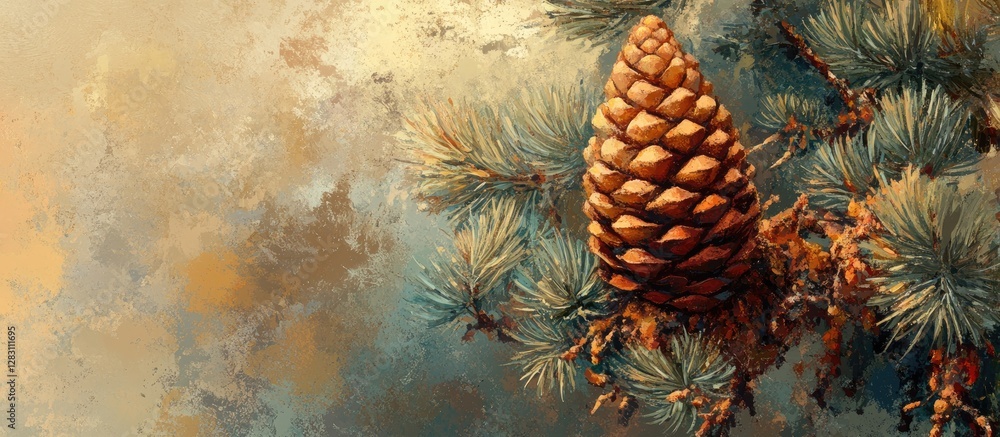 Poster autumn landscape featuring a large golden pine cone on a coniferous branch against a soft blue and o