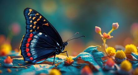 Butterfly perched on leaves surrounded by vibrant colorful flowers in a natural setting with soft blurred background.