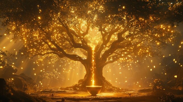 A sacred tree with branches that stretch endlessly into the heavens, each adorned with glowing orbs resembling miniature suns. From the tip of one branch, a droplet of golden sap emerges