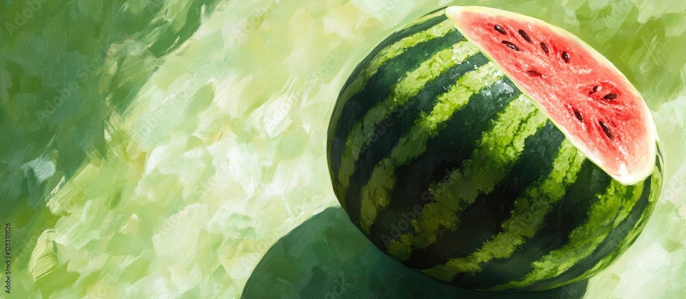 Poster juicy watermelon half resting on a vibrant green surface creating a fresh and lively contrast with s